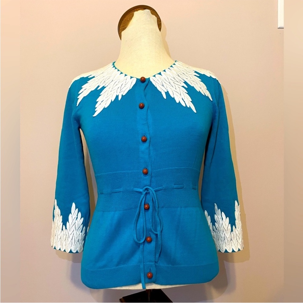 Moth Turquoise Cardigan with White Feather Embroidery